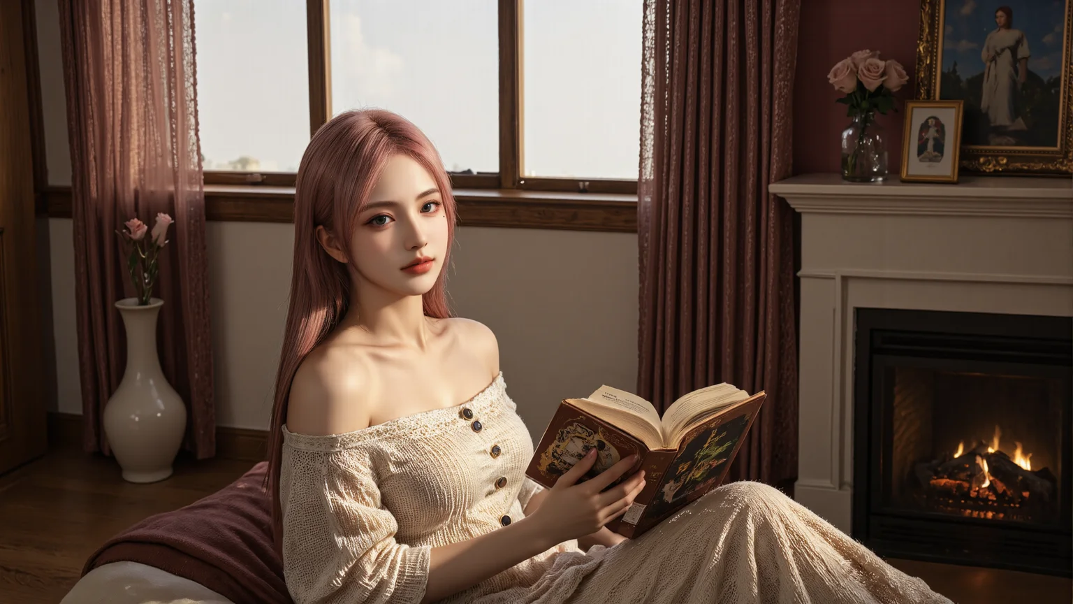 a young woman with long pastel pink hair,wearing an off-shoulder knitted sweater,sits gracefully in a classical Victorian living room with dual fireplaces lit behind her. The room features blush pink walls,golden-framed landscape paintings,and a vase of soft pink roses on a wooden table. Warm firelight casts soft shadows on her face,cozy and elegant ambiance,cinematic lighting,vivid style.,<lora:yuukananri-base-02-flux:0.8>,yuukananri,she has a slender physique and a petite build,<lora:aidmaMJ6.1_v0.5_3:0.5>,aidmaMJ6.1,