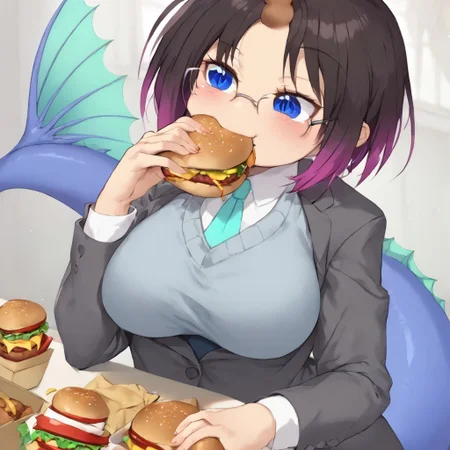 score_9,score_8_up,score_7_up,<lora:elma_(maidragon)_pony:1>, elma_\(maidragon\), masterpiece, highest level of quality, solo, solo focus, 1girl, dragon girl, Elma, office suit, formal, suit, glasses, tail, single horn, shiny skin, sitting at table, big breasts, happy, exited, foodporn, eating hamburger, <lora:_sdxl-dokaguiburger-pony.safetensors:0.6>, windows, detailed food, office breakroom, dutch angle, looking away from viewer, sauce spilling on shirt
