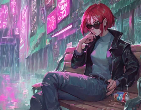 line art, water color painting, traditional media, score_9, score_8_up, score_7_up, score_6_up, Will-Vandom, W.IT.C.H., solo, open clothes, red hair, bob cut, brown eyes, backlit eyes, pants, open jacket, black jacket, lips, night, sunglasses, denim, rain, can, bench, leather, cyborg, prosthesis, leather jacket, cyberpunk, vending machine, neon lights, sensitive <lora:PNY_Will-Vandom_V1:1>