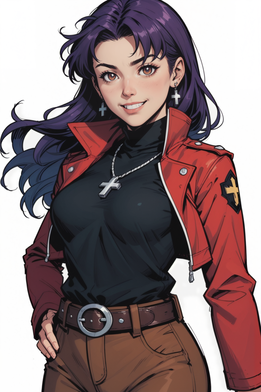 1girl, jewelry, solo, jacket, red jacket, necklace, earrings, purple hair, belt, hand on own hip, cross, white background, cross necklace, long hair, looking at viewer, simple background, open jacket, long sleeves, turtleneck, pants, smile, open clothes, cropped jacket, black shirt, closed mouth, shirt, breasts, medium breasts, brown eyes, parted bangs, stud earrings, cowboy shot, black eyes, standing, brown pants, light smile, brown belt, buckle, belt buckle, black belt, upper body, arm at side
katsuragi misato, <lora:Expressive_H:0.5>, score_9, score_8_up, score_8_up, a_Comic_Illustration, rough lines with ink, (drawn:1.1), (sketch:1.5), (crosshatching:1.25), (comic style:1.1), graphic novel style, sharp lines, hires, zstyle, (western comics \(style\):1.1), (hatching \(texture\):1.2), zPDXL, Mr_Monster_Possitive, beautiful detailed eyes, extreme details eyes,  perfect anatomy,, 1girl, thighs, cowboy shot