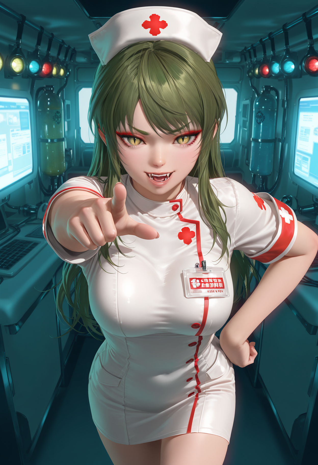 HDR, 8K, high contrast,masterpiece,best quality,amazing quality,absurdres,aesthetic,newest,ultra detailed,realistic,  kanna \(doa\), 1girl,green hair,v-shaped eyebrows, green eyebrows, gold eyes, slit pupils, black eyelashes, red eyeliner, (very long_hair),straight_hair,swept_bangs,long sidelocks,  looking at viewer,seductive_smile,hand on own hip,pointing at viewer,open_mouth,fangs,foreshortening,  standing,front view, nurse_cap, nurse suit,  ambulance interior, red and blue flashing lights, sterile medical equipment,monitor, oxygen tank,   <lora:doa_kanna_rouwei07_vpred_v10:1.0000000000000002>