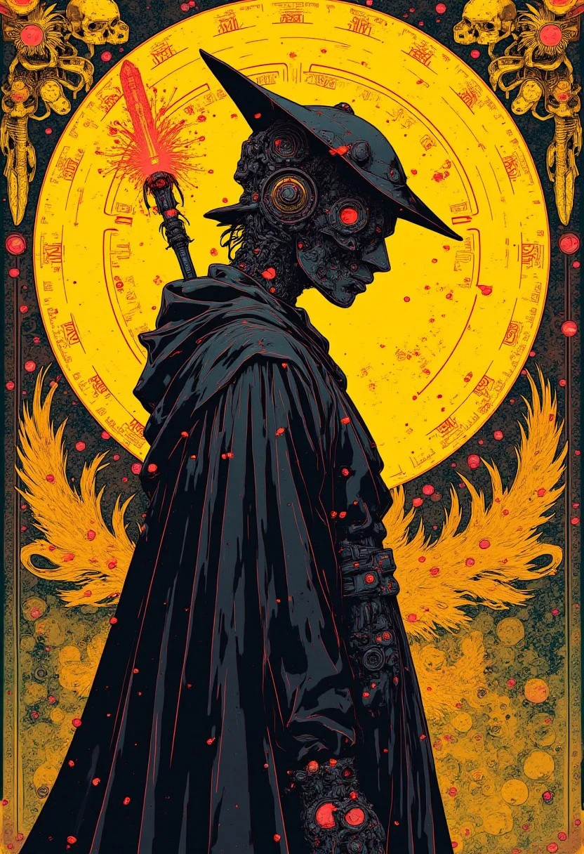 anime, niji, anime source, paint style of James C. Christensen, illustration, artistic full view profile shot facing to the left, Ethereal minimalist mage druid of the wilds, mix of cybergoth fashion and goblincore. In the style of black, neon orange, red, and metallic gold. Flat painting background of gold and black magic runes circle with skeletal imagery and unholy glow. Magical glowing embers in the air, the witch radiates with power. Use of palette knives, intricate, contrast between gritty natural and sleek horror, art nouveau, sharp_focus, concept_art, background zentangle fog