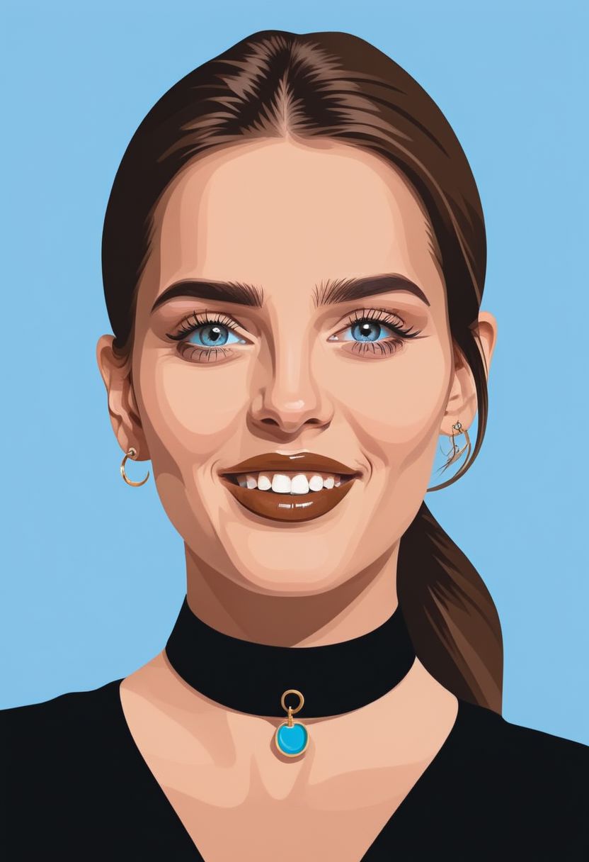 psztzz, a vector flat color artistic portrait of 1girl, solo, brown hair, ring, choker, jewelry, looking at viewer, blue eyes, limited pallette, shirt, lips, nail polish, upper body, black choker, black shirt, smile, portrait, vector art, flat coloring, cel shaded, cel shading, illustration, vector illustration, vector coloring