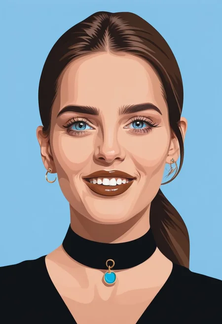 psztzz, a vector flat color artistic portrait of 1girl, solo, brown hair, ring, choker, jewelry, looking at viewer, blue eyes, limited pallette, shirt, lips, nail polish, upper body, black choker, black shirt, smile, portrait, vector art, flat coloring, cel shaded, cel shading, illustration, vector illustration, vector coloring