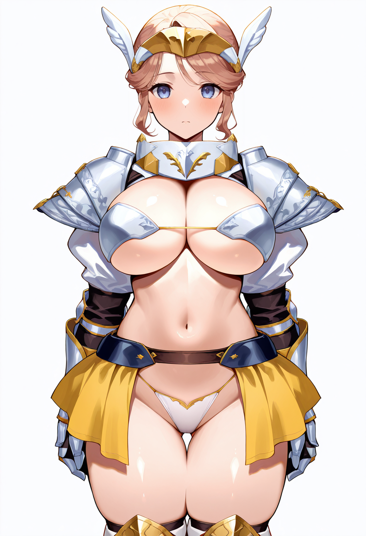 masterpiece, best quality,
1girl, solo,
standing, 
looking at viewer,
<lora:Claudia_Levantine:1> cl40d14l3v4nt1n3, armor, shoulder armor, navel, yellow skirt, gauntlets, thighhighs, thigh gap, 
white background, simple background,