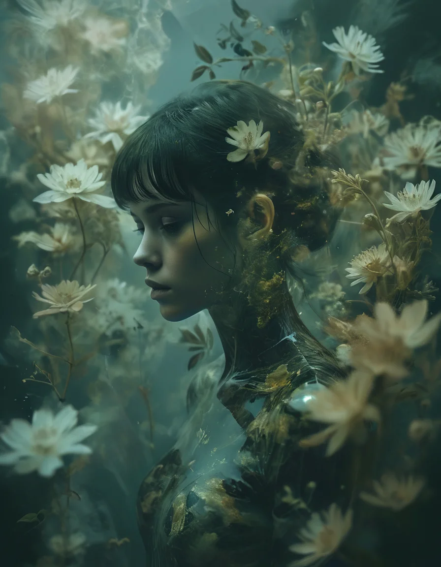 Meticulously captured visual with a Khaki aesthetic, digital art, spawning digital drakes, Fine art photography collage, subdued details, sense of ethereal tranquility, profound stillness, multiple exposure, <lora:zavy-cntrst-sdxl:0.4> dark, low-key