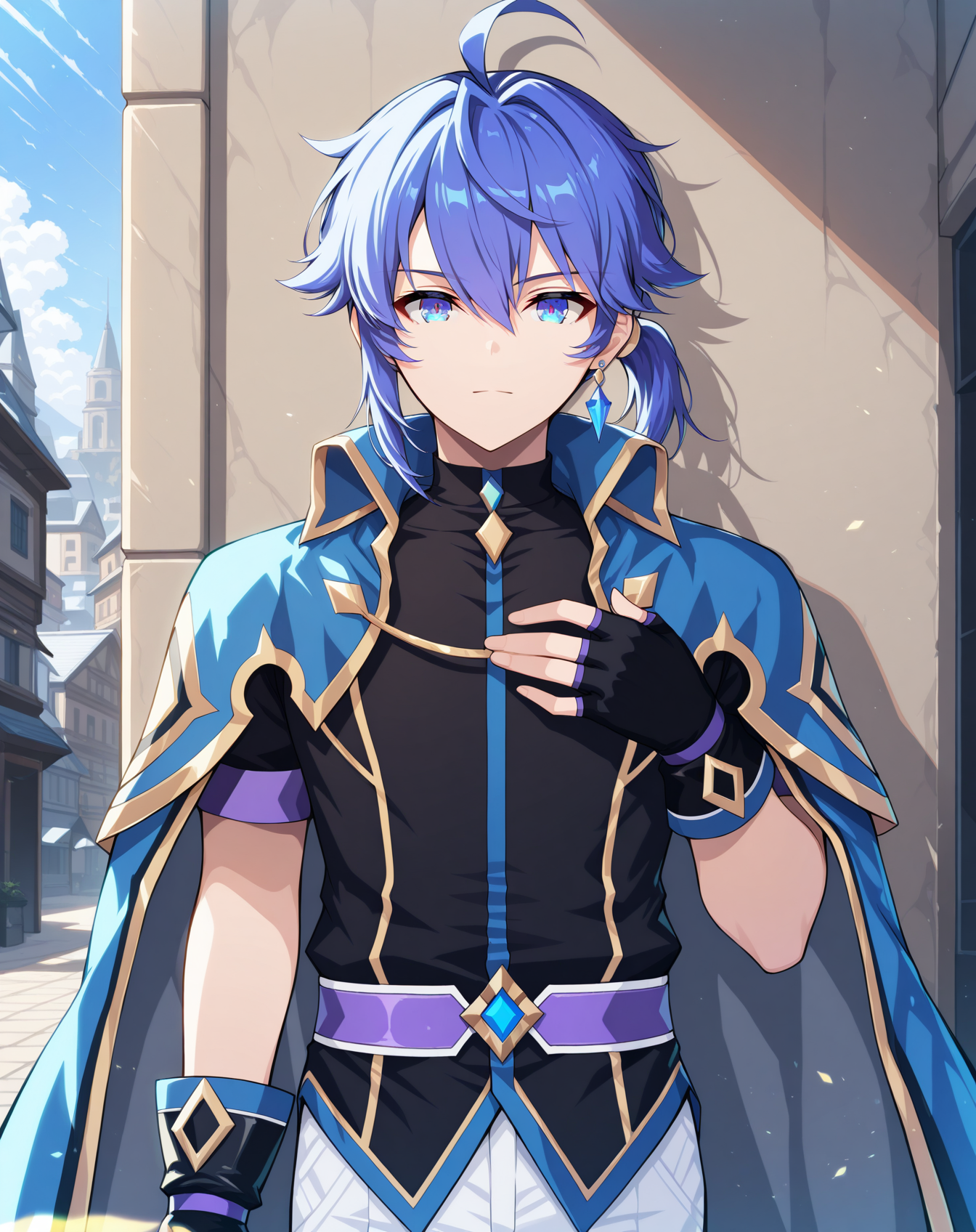 masterpiece, best quality, absurdres, very aesthetic,
1boy, solo, yaoi, male focus,
cowboy shot, upper body, looking at viewer,
<lora:Ronan_Evolution_ilxl:1> ronanevolution, ponytail, blue hair, ahoge, hair between eyes, blue eyes,
black gloves, white pants, fingerless gloves, blue cape, boots, black footwear, purple belt, black shirt, short sleeves, jacket,
earrings, jewelry,
outdoors, day, blue sky,