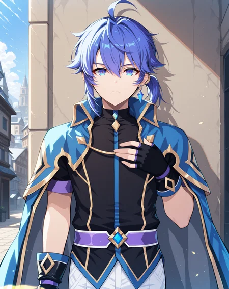 masterpiece, best quality, absurdres, very aesthetic,
1boy, solo, yaoi, male focus,
cowboy shot, upper body, looking at viewer,
<lora:Ronan_Evolution_ilxl:1> ronanevolution, ponytail, blue hair, ahoge, hair between eyes, blue eyes,
black gloves, white pants, fingerless gloves, blue cape, boots, black footwear, purple belt, black shirt, short sleeves, jacket,
earrings, jewelry,
outdoors, day, blue sky,