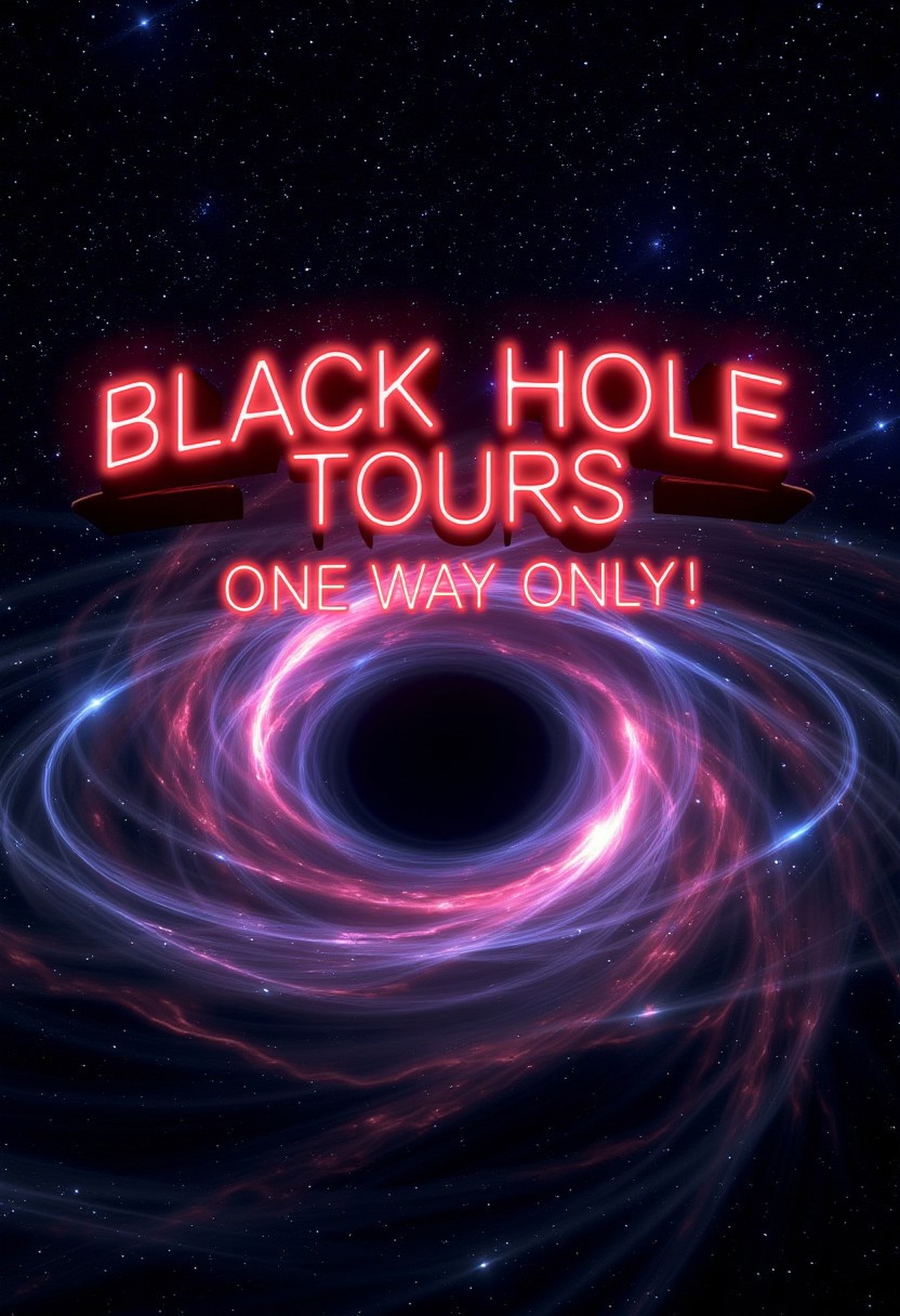 A vast, starry space scene with distant galaxies and nebulae. In the center of the image, a massive neon sign floats in the void, glowing brightly with the words: 'Black Hole Tours: One Way Only!'