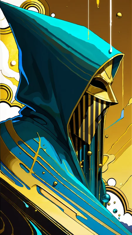 oniric portrait of a tall cloaked figure with a white mask, Azem the Traveler, yearning to explore the ends of the world to discover its wonders and help its denizens, by Andy Kehoe, a gradient masterpiece, blue cyan yellow, Rococopunk, luminism, seamless, China ink, Ink Bubbles, Gold leaf lines, alcohol ink elements, curved lines, cinematic, realism, chiaroscuro, Shadow play, Gold leaf small lines, bright splashes of alcohol ink puddles, volumetric light, auras, rays of sunlight, bright colors reflect, isometric, digital art, smog, pollution, toxic waste, chimneys and railroads, 3 d render, octane render, volumetrics, by greg rutkowski