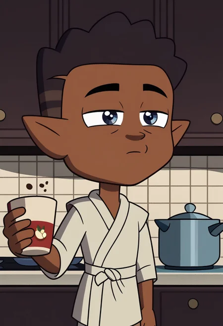 score_9, score_8_up, score_7_up, high quality,perfect anatomy, show accurate, solo,1boy, kitchen,
brown skin and dark brown hair with lighter shades, pointy ears, dark blue eyes, kitchen background, wear only bathrobe, loose clothes, one hand holding cup of coffee, one hand on hip, perfect hands, sleepy eyes, messy hair, loose clothes, eyes half close, show accurate, perfect hands, perfect anatomy,perfect hands,