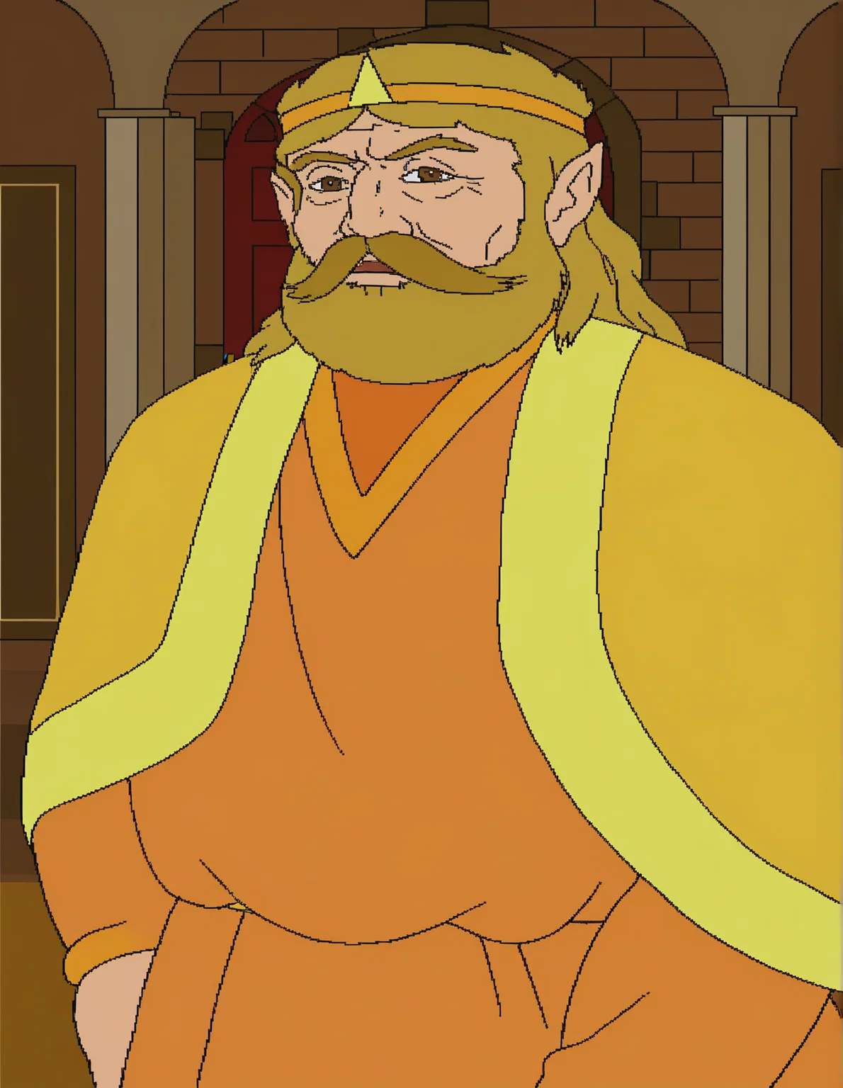 <lora:cdi-style_vpred-noobaiv10_:1> masterpiece, best quality, cdi style, indoors, 2D, flat shading, flat color, jaggy lines, 1boy, male focus, solo, facial hair, beard, mustache, indoors, upper body, blonde hair, king harkinian, armor, chair, door, long sleeves, brown eyes, orange robe, yellow cape, crown, standing, looking at viewerâââ