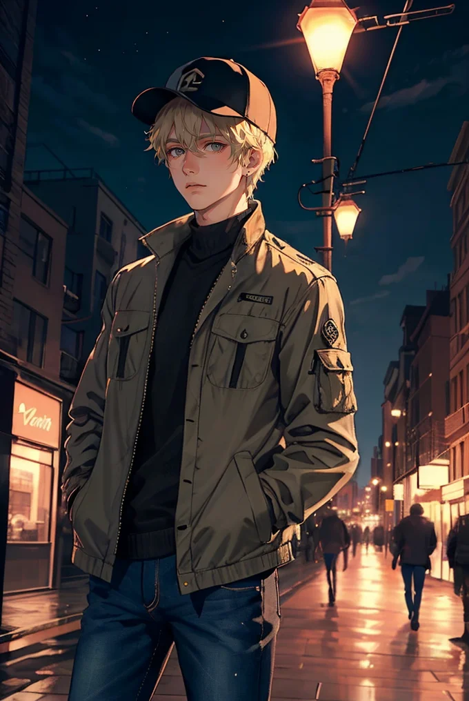 (masterpiece, best quality, high quality, highres, ultra-detailed), city, scenery, night, building, sign, cityscape, pantyhose, skyscraper, street lights,
solo, 1boy, gray eyes, short Crew Cut, sand blonde hair, triangular face, looking at viewer, outdoors, hands in pockets, khaki jacket, black loose jeans, black baseball cap,
AS-Adult, Asian-Less, OverallDetail,