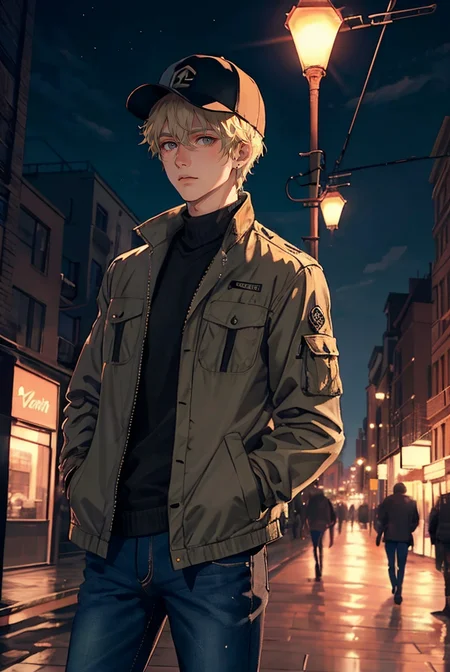 (masterpiece, best quality, high quality, highres, ultra-detailed), city, scenery, night, building, sign, cityscape, pantyhose, skyscraper, street lights,
solo, 1boy, gray eyes, short Crew Cut, sand blonde hair, triangular face, looking at viewer, outdoors, hands in pockets, khaki jacket, black loose jeans, black baseball cap,
AS-Adult, Asian-Less, OverallDetail,