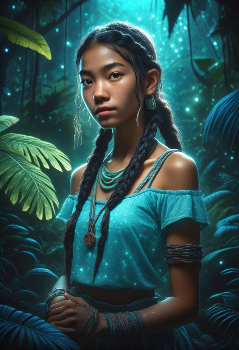 score_9, score_8_up, score_7_up, score_6_up, score_5_up, score_4_up, 1girl, blushing profusely red, 1girl,mysterious girl with freckles,an exotic Polinesian girl in off-shoulder shirt, Hairs in two braids, fading backlit background,pastel colors,surreal,  detailed, bokeh, perfect balanced, deep fine borders,artistic photorealism, smooth, whole body view, bioluminescent jungle background, temple, (bioluminescent clothing)
