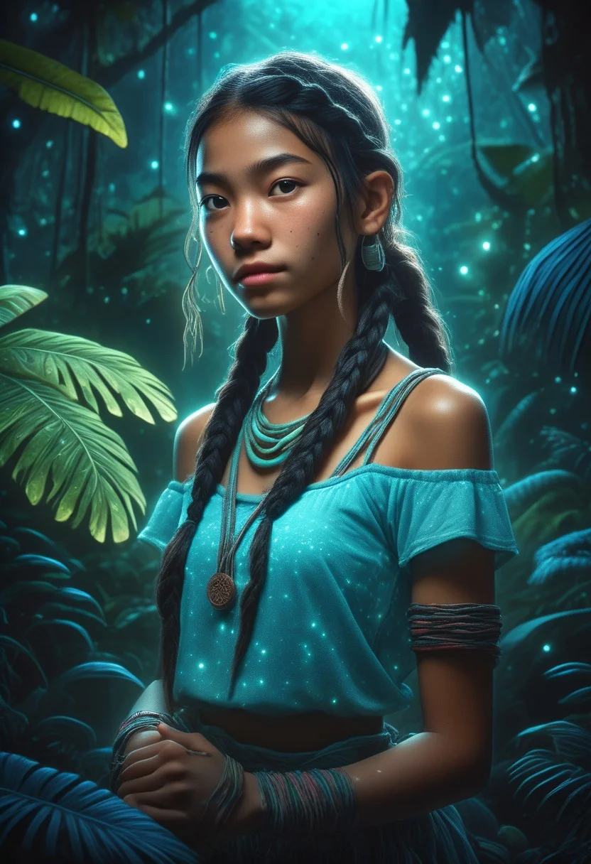 score_9, score_8_up, score_7_up, score_6_up, score_5_up, score_4_up, 1girl, blushing profusely red, 1girl,mysterious girl with freckles,an exotic Polinesian girl in off-shoulder shirt, Hairs in two braids, fading backlit background,pastel colors,surreal, detailed, bokeh, perfect balanced, deep fine borders,artistic photorealism, smooth, whole body view, bioluminescent jungle background, temple, (bioluminescent clothing)