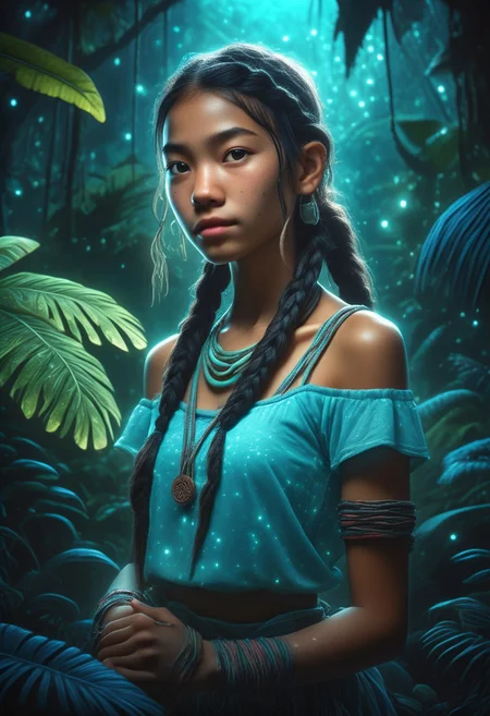 score_9, score_8_up, score_7_up, score_6_up, score_5_up, score_4_up, 1girl, blushing profusely red, 1girl,mysterious girl with freckles,an exotic Polinesian girl in off-shoulder shirt, Hairs in two braids, fading backlit background,pastel colors,surreal, detailed, bokeh, perfect balanced, deep fine borders,artistic photorealism, smooth, whole body view, bioluminescent jungle background, temple, (bioluminescent clothing)