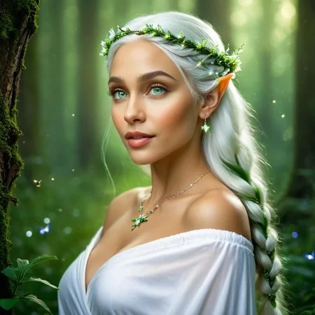 A beautiful elf lyes her back against a tree, flowers around her, green eyes, ((perfect iris, perfect eyes, perfect mouth)), beautiful natural lips, long white and light green hair, braid of hair that goes from the sides to the back of the head, white eyebrows, elf ears, medium sized breasts, beautiful light skin, beautiful body, wears a long and elegant off shoulders white robe, there are some fireflies around the elf, small earring, small necklace, forest background, pefect hands, perfect skin, Milky Way, Night sky, night, real graphics