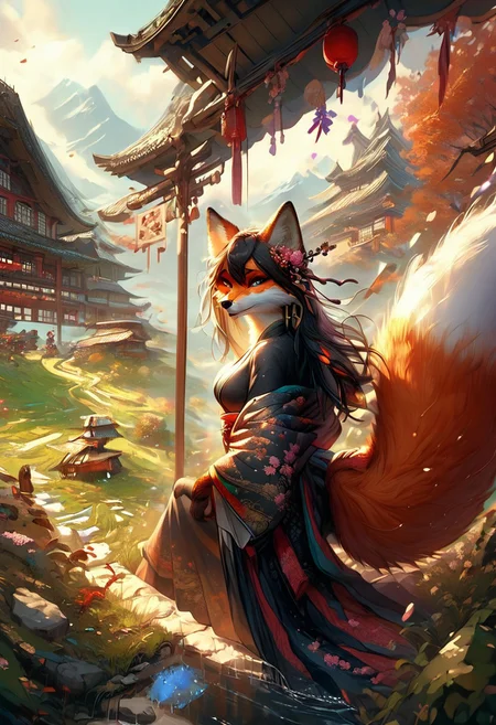 score_9_up,score_8_up,score_7_up,(masterpiece),(best quality),hyper detailed,perfect anatomy,anthro fox girl,foxfolk,dazzling,perfect face,
sexy,seductive,long hair,cleavage,black hair,print_kimono,furisode,orange furr,
wind_lift,dusk,outdoor,in spring,falling petals,cherry blossoms,looking_back,looking_at_viewer,dynamic_angle,