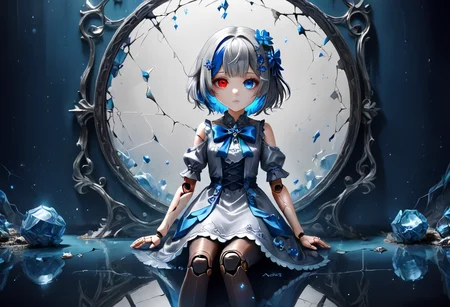 score_9,score_8_up,score_7_up,score_6_up,score_5_up,score_4_up,<lora:Anime_Style_For_Pony:0.5>,source_anime,perfect eyes,1girl,blue bow,blue dress,blue eyes,blue hair,blue theme,boots,bow,broken mirror,cracked skin,different reflection,doll,doll joints,expressionless,grey dress,grey hair,hair flower,hair ornament,heterochromia,joints,light particles,multicolored hair,pantyhose,red eyes,reflection,sitting,solo,two-tone dress,two-tone hair,virtual youtuber,wariza,white dress,