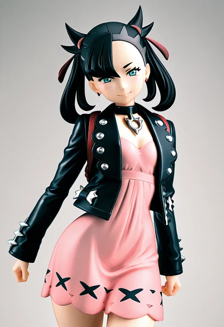 masterpiece, best quality, solo, curvy, beautiful eyes, narrow waist, wide hips, 1girl, solo, smile, looking at viewer, dynamic angle, foreshortening, close up, f1gur3, realistic, ,<lora:AnimeFigure_IXL:1.2>, BREAK, zzMarnie, aqua eyes, black choker, red ribbon, pink dress, jewelry, black jacket, open clothes, long sleeves, <lora:MarniePokemonIllustrious:1.0>,