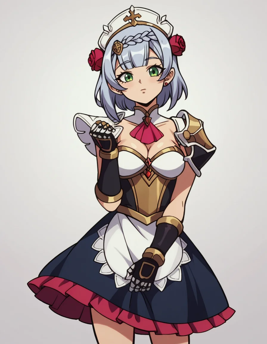 zPDXL, score_9, score_8_up, score_7_up, score_6_up, score_5_up, source_anime, 4k, absurdres, 1girl, solo
<lora:Broly_v1:0.8> dbsb, noelle_\(genshin_impact\), 1girl, hair_flower, red_rose, maid_headdress, braid, gauntlets, cleavage, red_ascot, medium_breasts, shoulder_armor, armored_dress