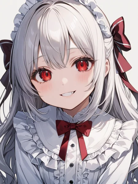 masterpiece,ultra-detailed,best quality,8K,illustration,cute face,clean skin ,shiny hair,girl,ultra-detailed-eyes,simple background, <lora:add-detail-xl:1> <lora:yaeba_XL_V1.0:0.8> yaeba, fang,smile,red eyes,sliver hair <lora:gothic dress_XL_V1.0:1> jyojifuku, dress, frills, hair bow, ribbon