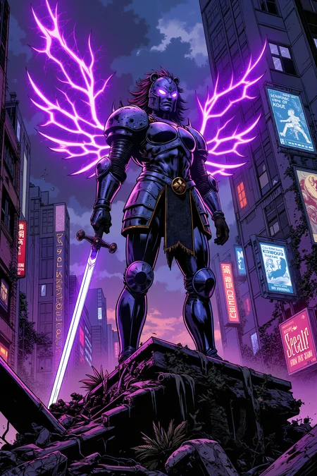 A lone knight stands atop a ruined cyberpunk skyscraper, her armor a mix of ancient plate mail and glowing tech augments. Purple holographic wings extend from her back while her sword crackles with electrical energy. The cityscape around her is half-destroyed, with fallen buildings and overgrown vegetation covering neon signs. Her helmet is shaped like a lion's head with glowing crystal eyes, while broken holograms flicker in the background showing advertisements from the old world. Fantastic lighting. Detailed shadows.intricate details, vivid colors, hyper-detailed, ultra-sharp,, ,meiman_style,This is a retro comic book style digital illustration, <lora:meimanstylev2:0.4><lora:Vintage comic book:0.4><lora:RetroAnimeFluxV1:0.15><lora:Greg_Capullo_style:0.4><lora:jeanClaude_Mzires_Style_FLUX-000001:0.4><lora:Flux_Ink_Anime:0.4>