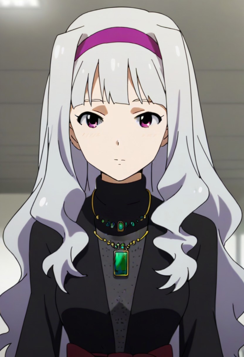 source_anime, uncensored, nsfw, <lora:Takane_Shijou_The_iDOLMSTER_2011_anime_art_style:.8>1girl, solo, grey hair, long hair, purple eyes, breasts, Takane black dress with green brooch outfit , purple hairband, jewelry, necklace, pendant, dress,