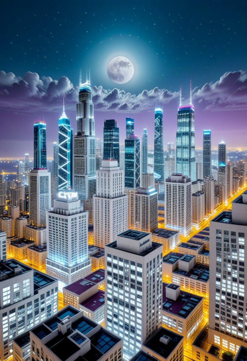 night, cloud lumened by city, bright moon, dark-gray-purple sky; sky scrapers square and rectangular skyscrapers with white frequent square windows, shades of skyscraper windows: dark blue, dark turquoise. The roofs of skyscrapers from dark squares or illuminated with a dim blue border, far focus, twinkling windows and stars, brilliant coloring, crispy quality, vray; Pixar, ; HD, HDR, SF, CGSociety, 16k, photorealistic, unreal engine