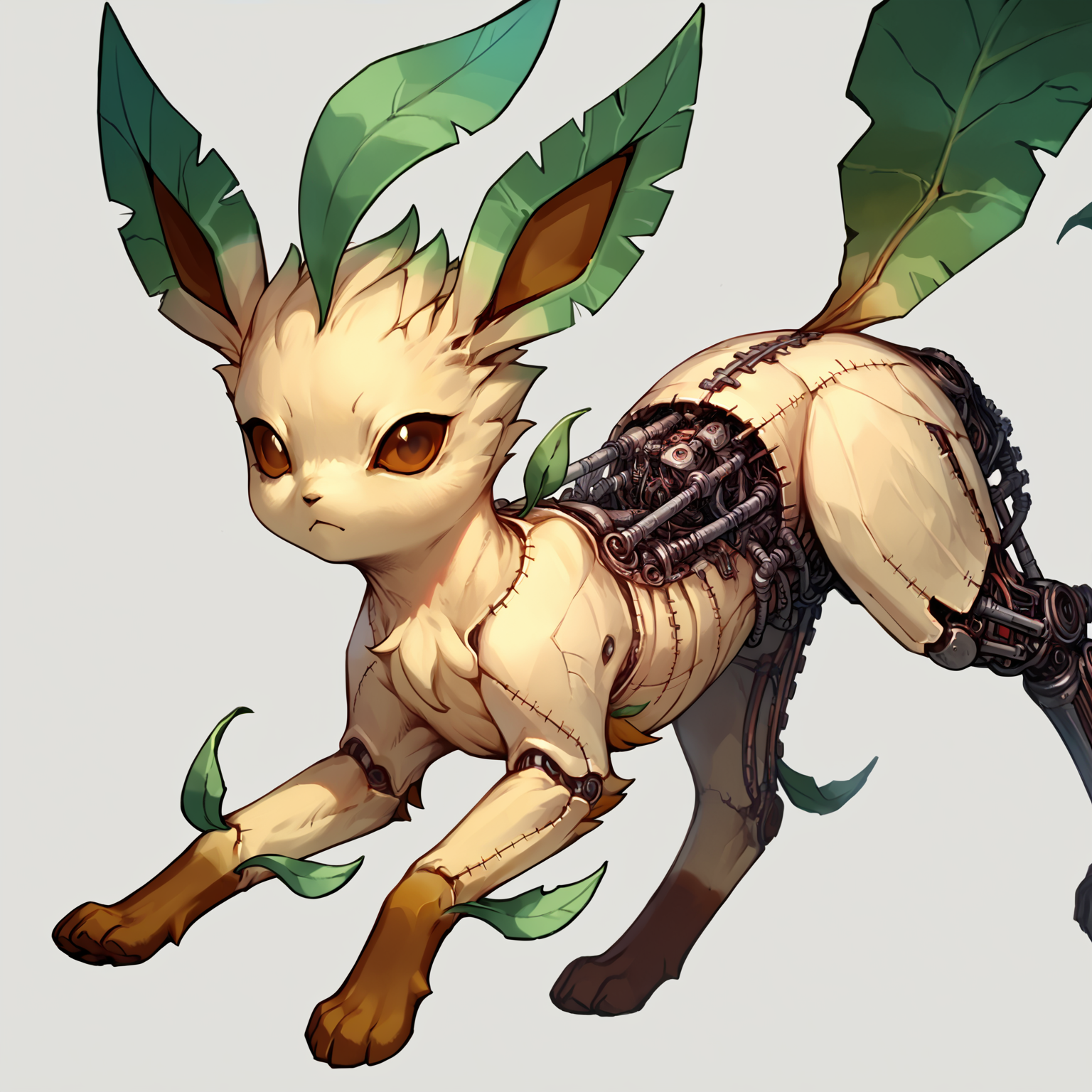 score_9, score_8_up, score_7_up, score_6_up, score_5_up, score_4_up,  source_anime, fluffal leafeon, fluffal, feral, looking at viewer:1.2, stuffing, blades, stitches, detailed, simple background, appealing, cluttered,   <lora:Frightfurfluffal1-000004:1>,