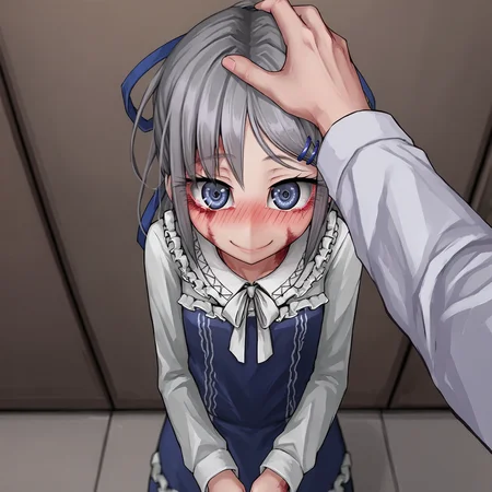 score_7_up, score_6_up, score_5_up, source_anime,
<lora:sylvie.pony:1>, sylvie, white shirt, happy, smile, looking at viewer, blue dress,
<lora:Headpat_XLPonyD:0.8>, headpat, pov hands, from above,