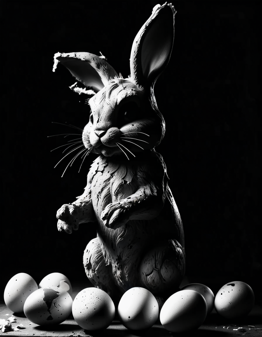 a easterbunny with trashed eggs, spooky <lora:ral-chrosc-bw:1> ral-chrosc-bw