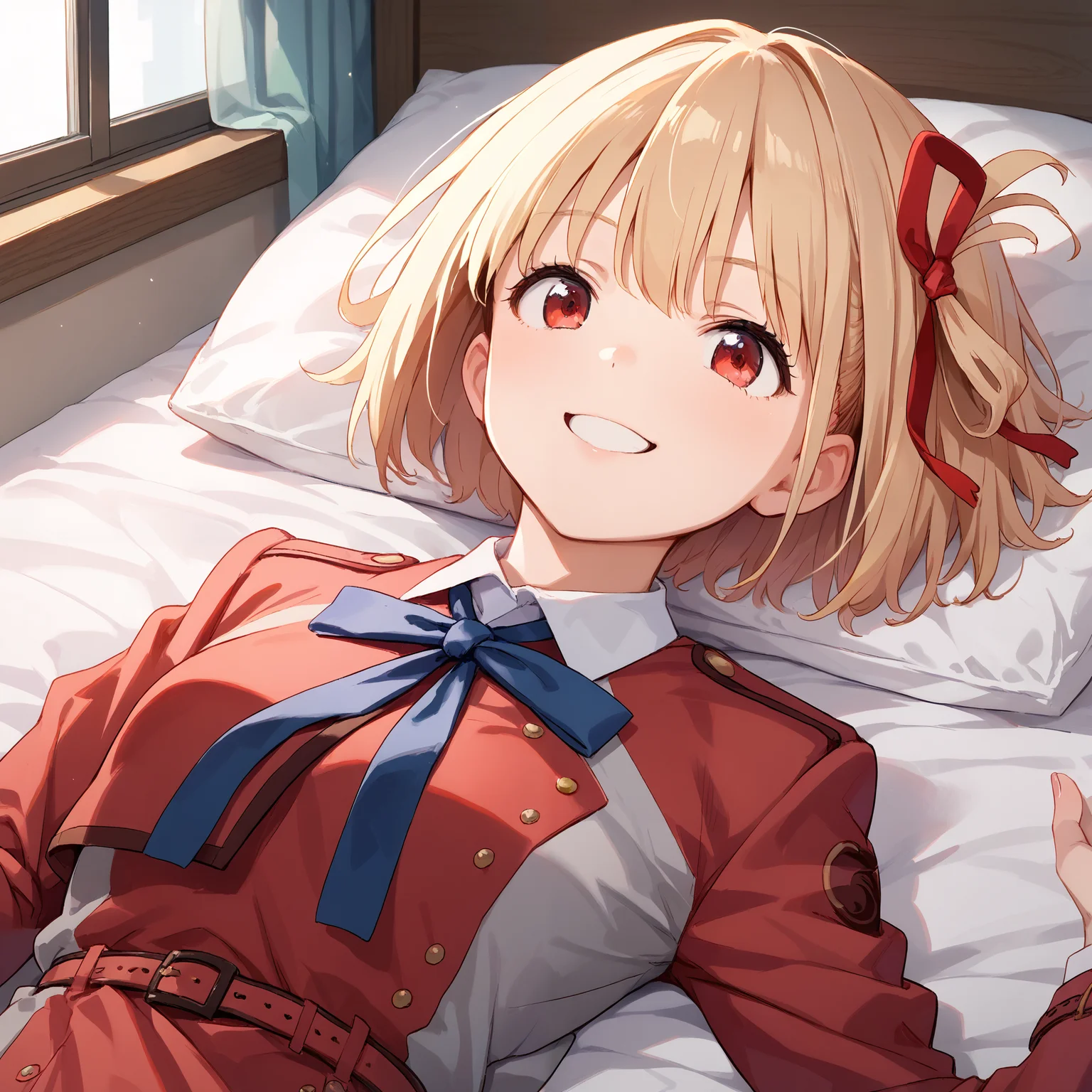 score_9, score_8_up, score_7_up, score_6_up, score_5_up, score_4_up, BREAK source_anime, 1girl, solo, bedroom, on bed, close up, smiling, on back, masterpiece, best quality, high detailed skin, nishikigi chisato, chisato def, short hair, blonde hair, red hair ribbon, red eyes, lycoris uniform, long sleeves, blue neck ribbon, belt,