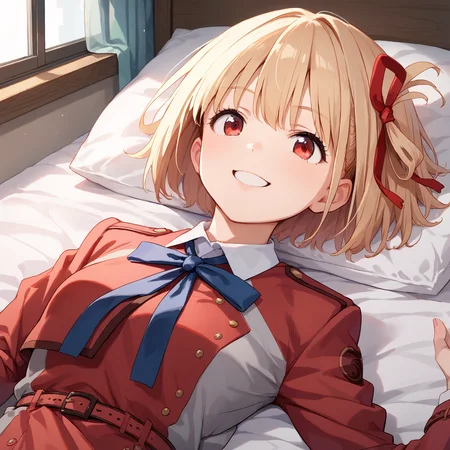 score_9, score_8_up, score_7_up, score_6_up, score_5_up, score_4_up, BREAK source_anime, 1girl, solo, bedroom, on bed, close up, smiling, on back, masterpiece, best quality, high detailed skin, nishikigi chisato, chisato def, short hair, blonde hair, red hair ribbon, red eyes, lycoris uniform, long sleeves, blue neck ribbon, belt,