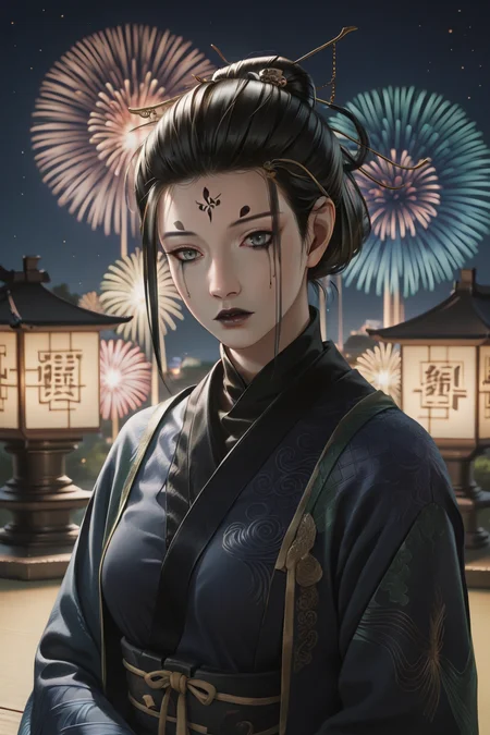score_9, score_8_up, score_7_up, 1girl, prefect lighting, very aesthetic, intricate details, highly detailed background, masterpiece, high quality, prefect hands, best quality, solo, source_anime,
<lora:Spider_Spirit_Fourth_Sister_Black_Myth_Wukong_V1:.85>, KJOfourth, black hair, forehead mark, grey eyes, runny makeup, black lips, hair bun, hair pin,
hanfu, long sleeves, wide sleeves,
expressionless, parted lips, head tilt,
east asian architecture, night, fireworks,
(Beautiful, medium Breasts:1.2), natural breasts,