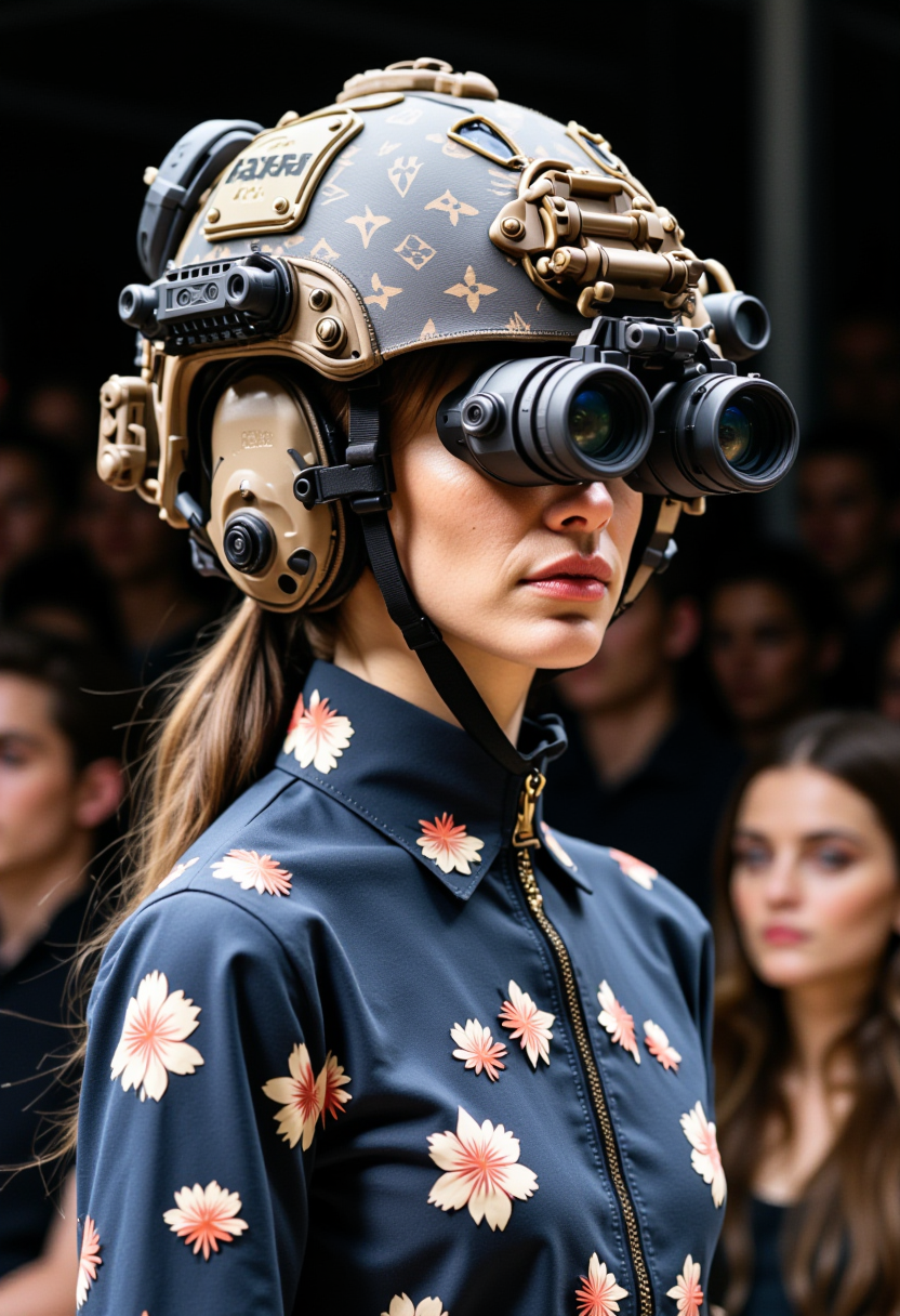 fashion photograph haute couture model wearing a designer military helmet equipped with night vision goggles. The helmet appears have extensive louis Vuitton iconography on the surface as if it were a luxury purse with various attachments and devices, including what seems to be communication equipment. the helmet and night vision goggles have been reimagined as a luxury high fashion item, worn by a female runway model in front of a crowd