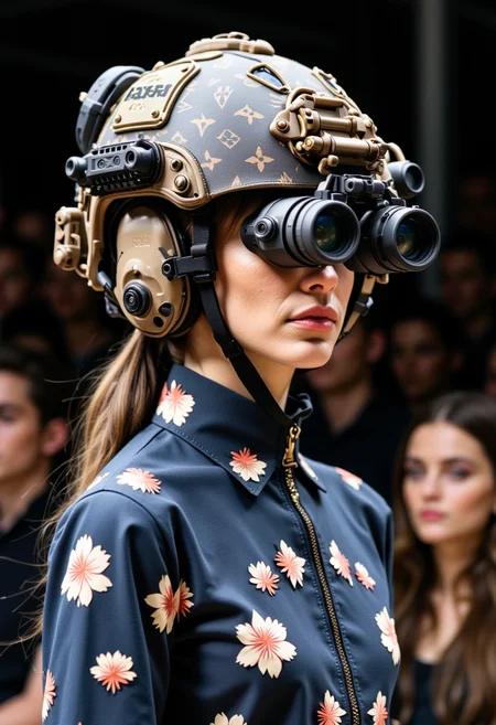 fashion photograph haute couture model wearing a designer military helmet equipped with night vision goggles. The helmet appears have extensive louis Vuitton iconography on the surface as if it were a luxury purse with various attachments and devices, including what seems to be communication equipment. the helmet and night vision goggles have been reimagined as a luxury high fashion item, worn by a female runway model in front of a crowd