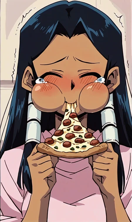 II, 1girl, solo, black hair, closed eyes, hair tubes, large round puffy cheeks, eating pizza, blush, tan skin, pink shirt, trembling, tears, happy, retro artstyle, score_9, score_8_up, score_7_up,<lora:Ishizu Ishtar Pony XL:0.85>