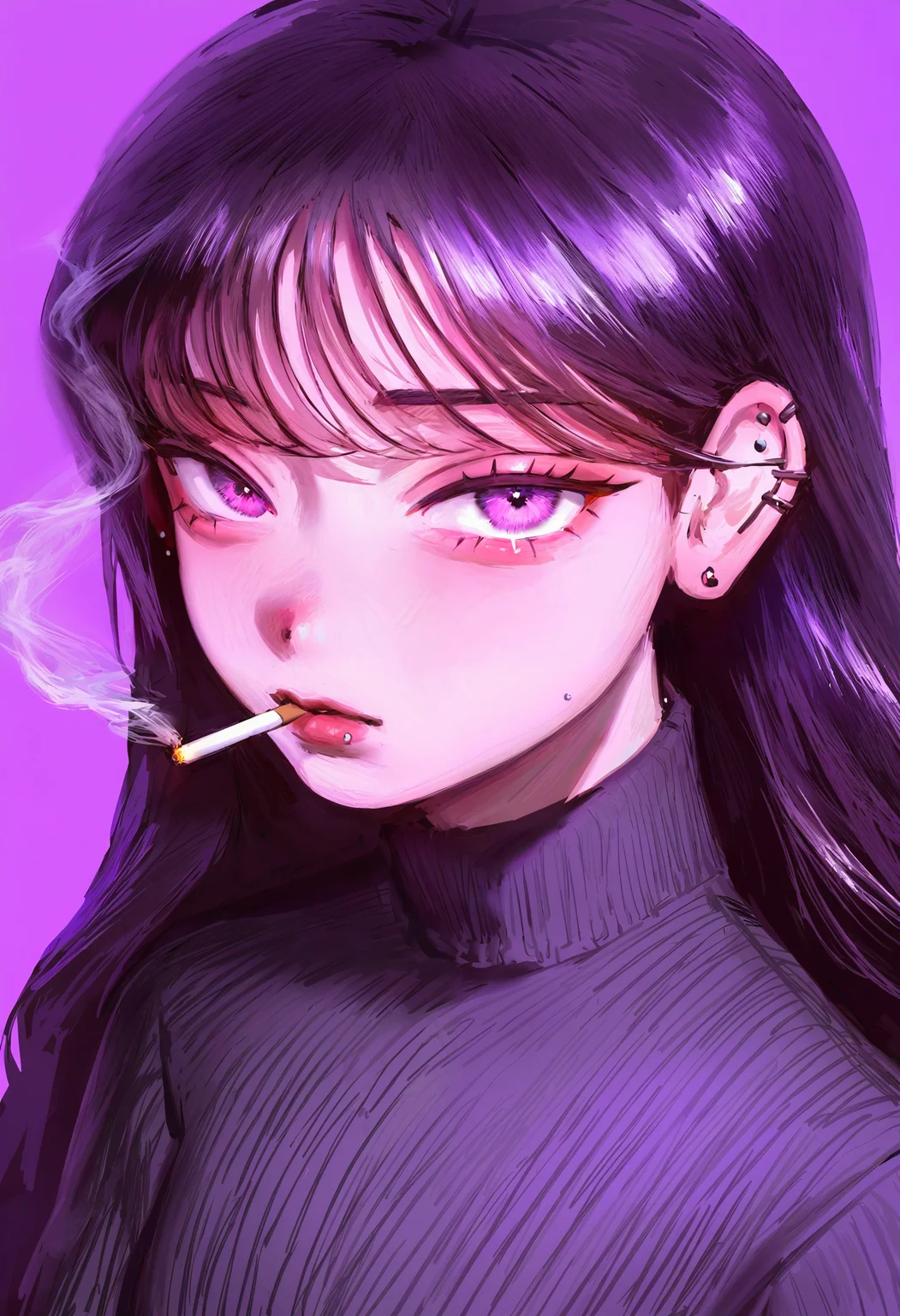 <lora:bGV0c2ZpbmFsYW5zd2Vy-noobaiXLNAIXL_epsilonPred_V110_V1-CAME>, bGV0, 1girl, cigarette, solo, turtleneck, purple eyes, smoking, looking at viewer, black hair, jewelry, earrings, turtleneck sweater, sweater, long hair, purple background, smoke, piercing, ear piercing, black sweater, portrait, purple theme, ribbed sweater, lips, stud earrings, eyelashes, simple background, from side
