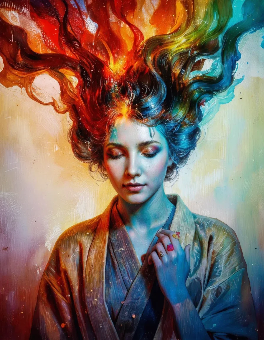 Art by Mario Nevado. This is a high-quality, digital painting, showcasing a stylized, ethereal portrait of a woman with flowing, multicolored hair. The composition uses vibrant, swirling hues of red, orange, blue, and green, creating a dynamic, almost abstract background. The woman's expression is serene, with closed eyes and a slight smile. She wears a traditional Japanese kimono in muted tones, adding contrast to the vivid backdrop. The lighting appears to be artificial, with a soft, diffused glow enhancing the dreamlike atmosphere. The depth of field is shallow, keeping the woman in sharp focus while the background is blurred. The image adheres to the rule of thirds, with the woman positioned off-center, creating a balanced yet dynamic composition. The aesthetic quality is very high, characterized by smooth textures, rich colors, and a harmonious blend of traditional and modern art styles.