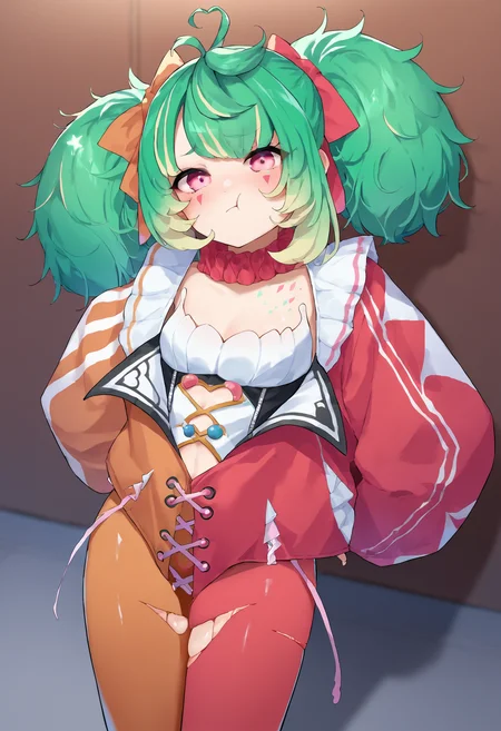 score_9, score_7_up, source_anime, uncensored, 1girl, 
 <lora:spconiConfettiXLPony:1> conidef, green hair, twintails, multicolored hair, heart ahoge, pink eyes, facial mark, hair ribbon, hair bow, jacket, multicolored clothes, pantyhose, torn clothes