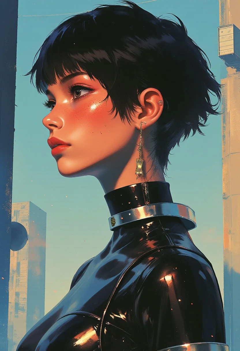 (Highly detailed, digital illustration, hyper realistic, anime-inspired, 8K, cinematic lighting, ultra polished rendering) A highly detailed digital illustration of a young woman with an anime-inspired aesthetic, featuring a fair, porcelain skin tone and a sleek black pixie cut that sharpens her profile. Her hair is styled with precise edges and soft texture, allowing her large, almond-shaped eyes—highlighted by thick, dark eyeliner—to dominate her calm, contemplative expression. She wears a form-fitting, high-necked black bodysuit made of a glossy, reflective material resembling latex or polished metal, delivering a futuristic, high-tech aesthetic. The smooth, mirrored surface of the suit captures surrounding light, producing radiant highlights and subtle distortions. Around her neck, she wears a metallic collar adorned with a small emblem, enhancing the sci-fi tone. The background features a high-contrast blend of smoky bronze and deep charcoal gradients, replacing the original blue with a dramatic, industrial ambiance. Hints of geometric, translucent structures fade into the backdrop, giving the scene layered depth and subtle visual intrigue. The composition emphasizes precise lighting and surface detail, merging realism with anime styling for a striking futuristic portrait.