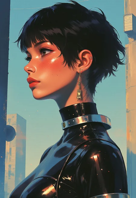 (Highly detailed, digital illustration, hyper realistic, anime-inspired, 8K, cinematic lighting, ultra polished rendering) A highly detailed digital illustration of a young woman with an anime-inspired aesthetic, featuring a fair, porcelain skin tone and a sleek black pixie cut that sharpens her profile. Her hair is styled with precise edges and soft texture, allowing her large, almond-shaped eyes—highlighted by thick, dark eyeliner—to dominate her calm, contemplative expression. She wears a form-fitting, high-necked black bodysuit made of a glossy, reflective material resembling latex or polished metal, delivering a futuristic, high-tech aesthetic. The smooth, mirrored surface of the suit captures surrounding light, producing radiant highlights and subtle distortions. Around her neck, she wears a metallic collar adorned with a small emblem, enhancing the sci-fi tone. The background features a high-contrast blend of smoky bronze and deep charcoal gradients, replacing the original blue with a dramatic, industrial ambiance. Hints of geometric, translucent structures fade into the backdrop, giving the scene layered depth and subtle visual intrigue. The composition emphasizes precise lighting and surface detail, merging realism with anime styling for a striking futuristic portrait.