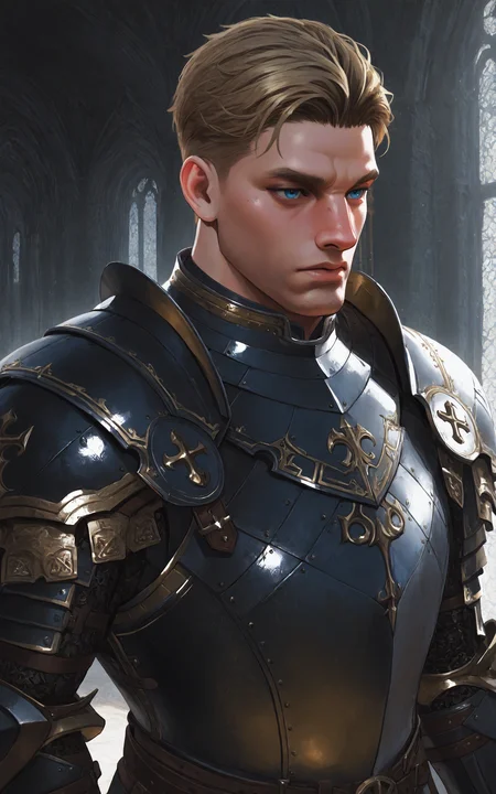 very awa, masterpiece, best quality, absurdres, newest, perfect quality, detailed background, intricate details, male focus, 1boy, mature male, blue eyes, dark blonde hair, sexyskimpyarmor, ssarmor, <lora:Kingdom_Come_Deliverance_II__Hans_Capon:1>, <lora:Sexy_Male_Armor_V2:0.75>
