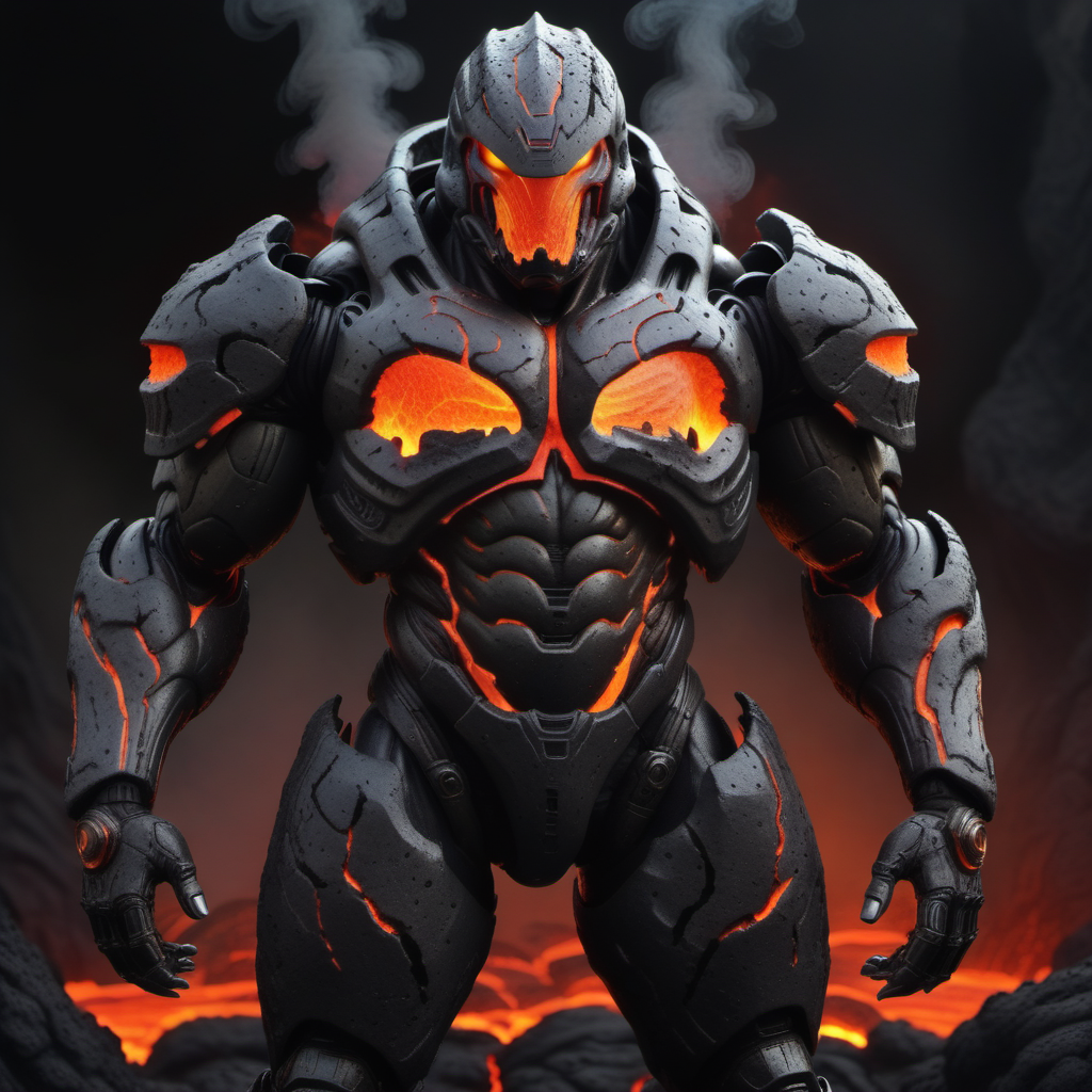 <lora:World_of_Brimstone_XL:1>, scifi, muscular,  doom guy, armoured, helmet, lava, cracks, made of brimstone,