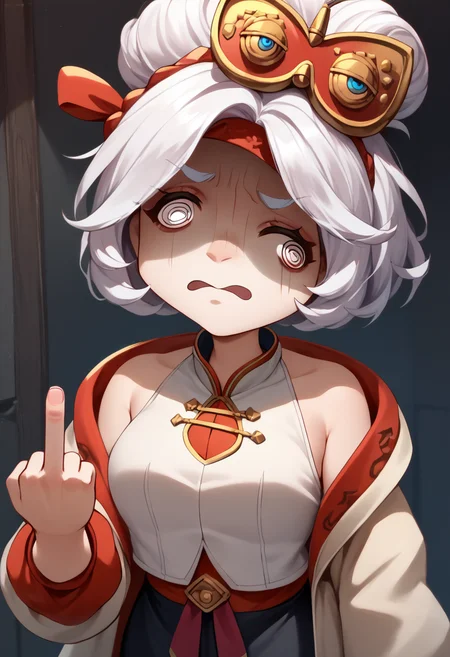 score_9, score_8_up, score_7_up, @ @, shaded face, <lora:TraumatizedGotoh_pdxl_Incrs_v1:1.5>, 1girl, <lora:purah-pdxl-nvwls-v1:0.8> purah, hair ornament, red headband, red glasses, sleeveless shirt, white coat, black skirt, gloves,middle finger,