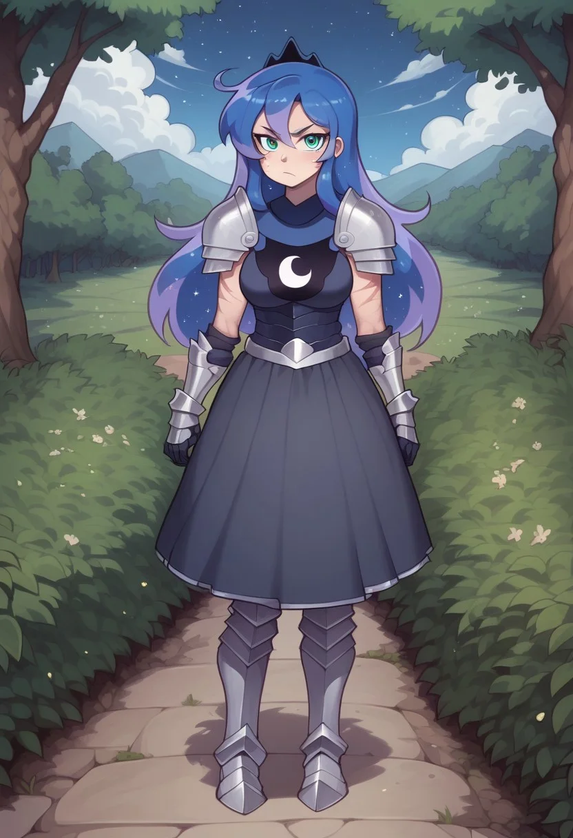 score_9, score_8_up, score_7_up, score_6_up, (humanized, human), 1girl,, (princess luna), (black hair), hair in front of shoulders, long hair, ((freckles)), anatomically correct, medium breasts, photo_realistic:1.5, high resolution, ,serious face, lidded eyes, detailed background,(outside, on a hill, ((night time)), soft glow, moonlit scene), big eyes, armored gloves, skin tight dress, (armored skirt, chestplate armor), looking at viewer, standing, armored boots, fit, toned, fit midriff, full body, front view, freckles on shoulders, ((((very tall)))), ((covered in scars, scars on torso, scars on arms, scars on legs)), scar on cheek, (solo), many scars