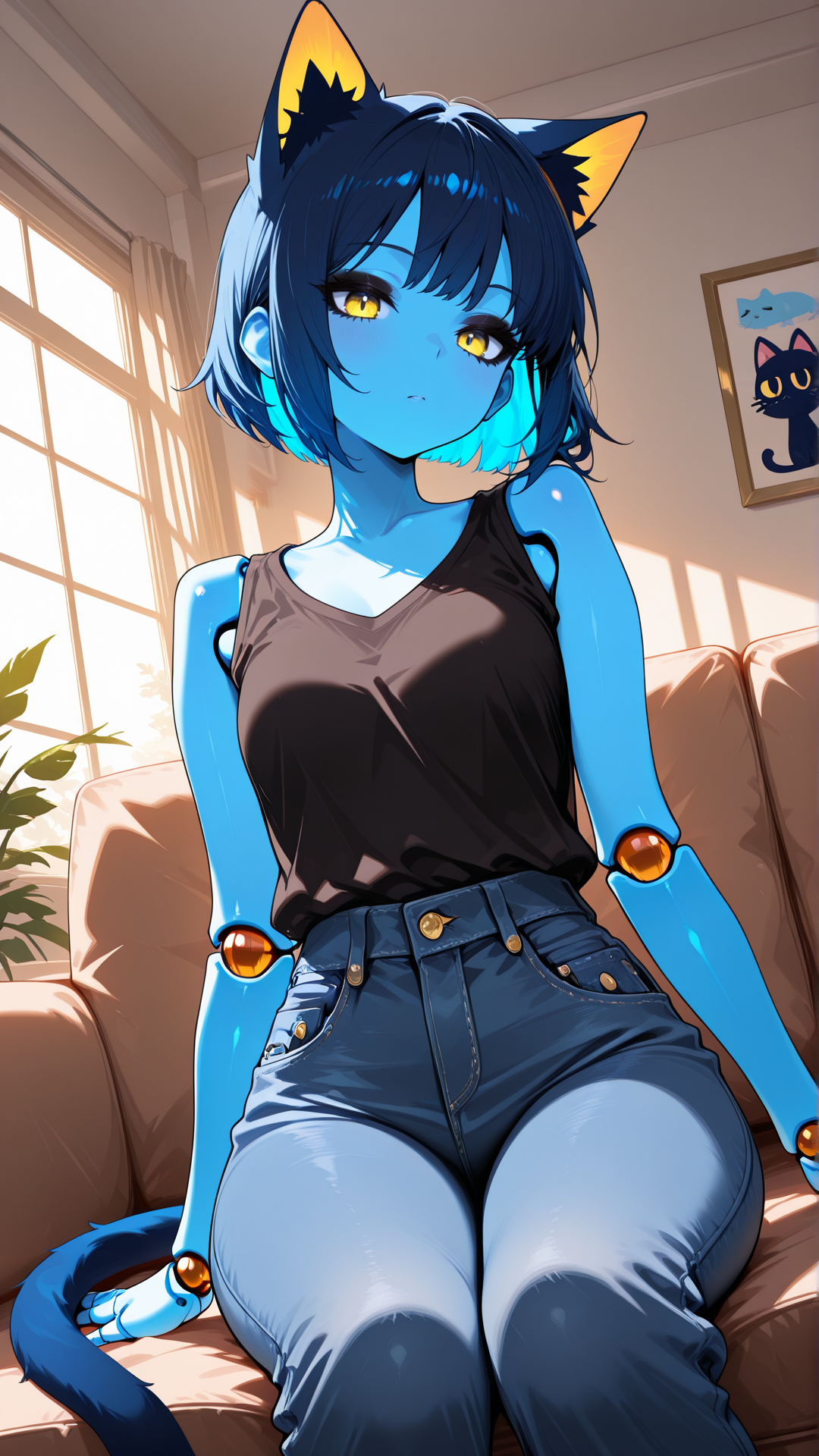 masterpiece, best quality, amazing quality, absurd res,
Flatline, Flat vector illustration, masterpiece, best quality, good quality, very aesthetic, absurdres, newest, 8K, depth of field, focused subject, dynamic closeup angle,
 <lora:Capek_mrbalderus_for_Illustrious:1> 1girl, c4pek, cat ears, cat tail, short hair, colored skin, blue skin, yellow eyes, joints, blue hair, black eyeshadow, medium hips, short, dark blue ears, dark blue tail, gold inner ear, 
 shirt, jeans, indoors, living room, window, sitting on couch,