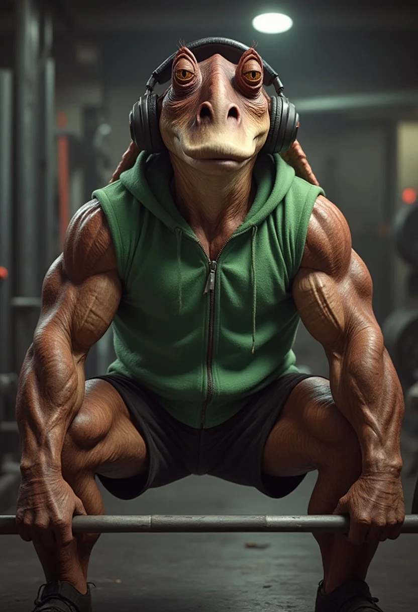 An extremely muscular, over-the-top, roided-out Gungan in a trendy, vibrant green hoodie with sleeves rolled up, exposing comically exaggerated, bulging biceps and veins. He's wearing large headphones, focused intensely, doing a deadlift with an enormous barbell.